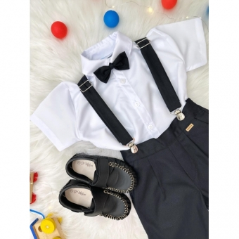 Conjunto Social Camisa Gravata Short Com Suspensório Preto