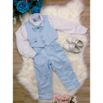 Conjunto Social C/ Colete Calça Gravata Azul Camisa Branca