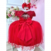 Vestido Infantil Vermelho C/ Renda e Aplique de Flores Festa - Vermelho