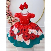 Vestido Infantil Vermelho Florido Com Cinto de Pérolas Natal