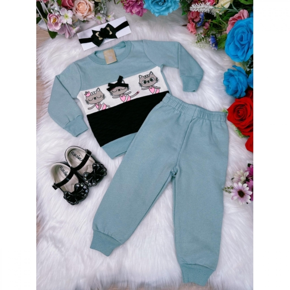 Conjunto Infantil Moletom Flanelado Verde Gatinha