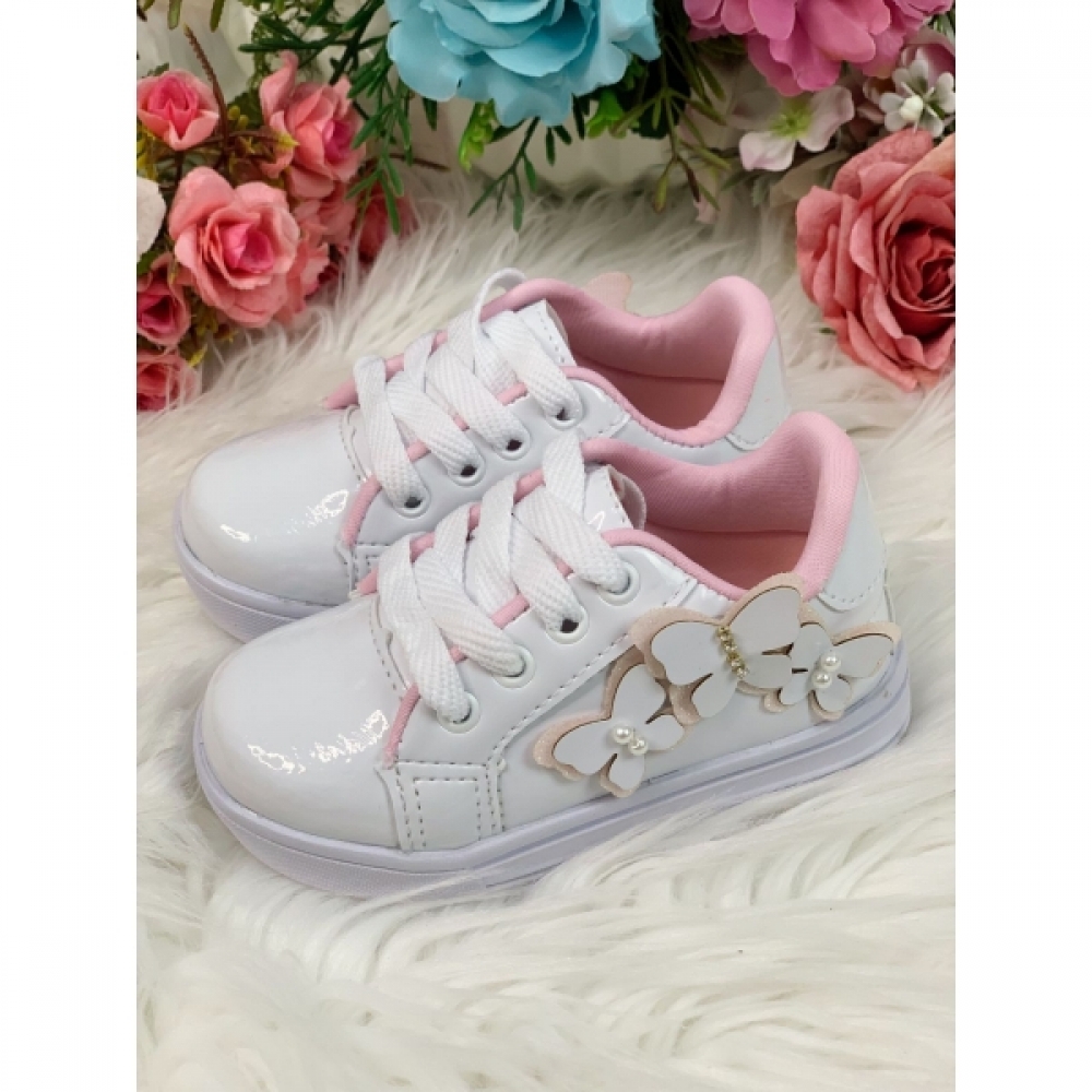 Tênis de Cadarço Branco C/ Aplique Borboletas Meninas
