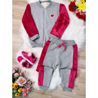 Conjunto de Moletom Blusa Com Zíper e Calça Cinza e Pink