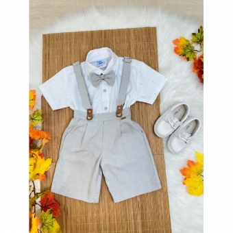 Conjunto Social Camisa Branca Com Short Gravata e Susp. Cinza