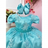 Vestido Infantil Verde Com Renda Realeza e Pérolas