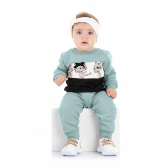 Conjunto Infantil Moletom Flanelado Verde Gatinha