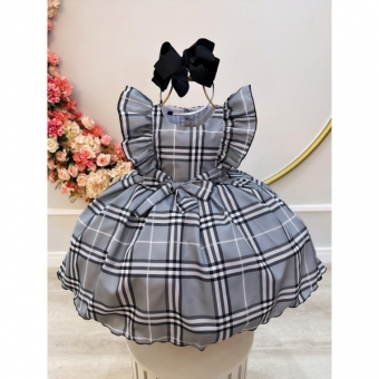 Vestido Infantil Xadrez Cinza Tartan Festas Luxo