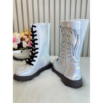 Bota Infantil Boiadeira Cano Alto Prata Furta cor Cadarço Zíper