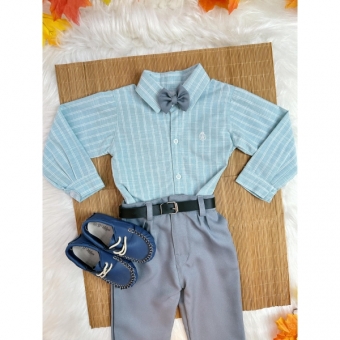 Conjunto Infantil Camisa Listrada Verde e Calça Cinza Cinto