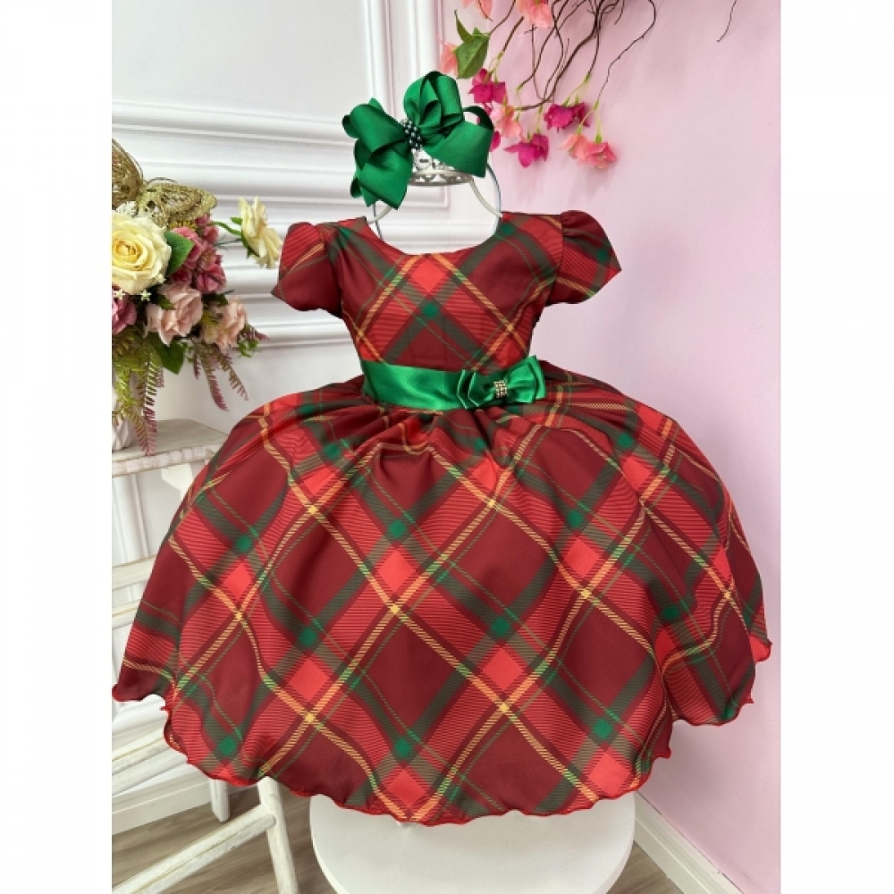 Vestido Infantil Vermelho C/ Xadrez Natal Festas Luxo
