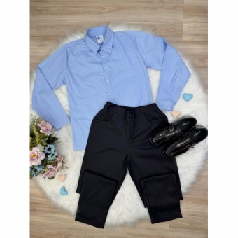 Conjunto Social Camisa Azul e Calça Preto em Algodão