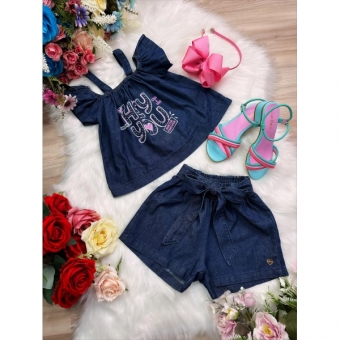 Conjunto Infantil Blusa e Short de Jeans Hey You Luxo