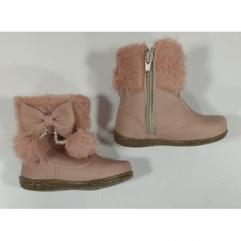 Botinha Infantil Nude Laço e Pompom Com Zíper Super Luxo