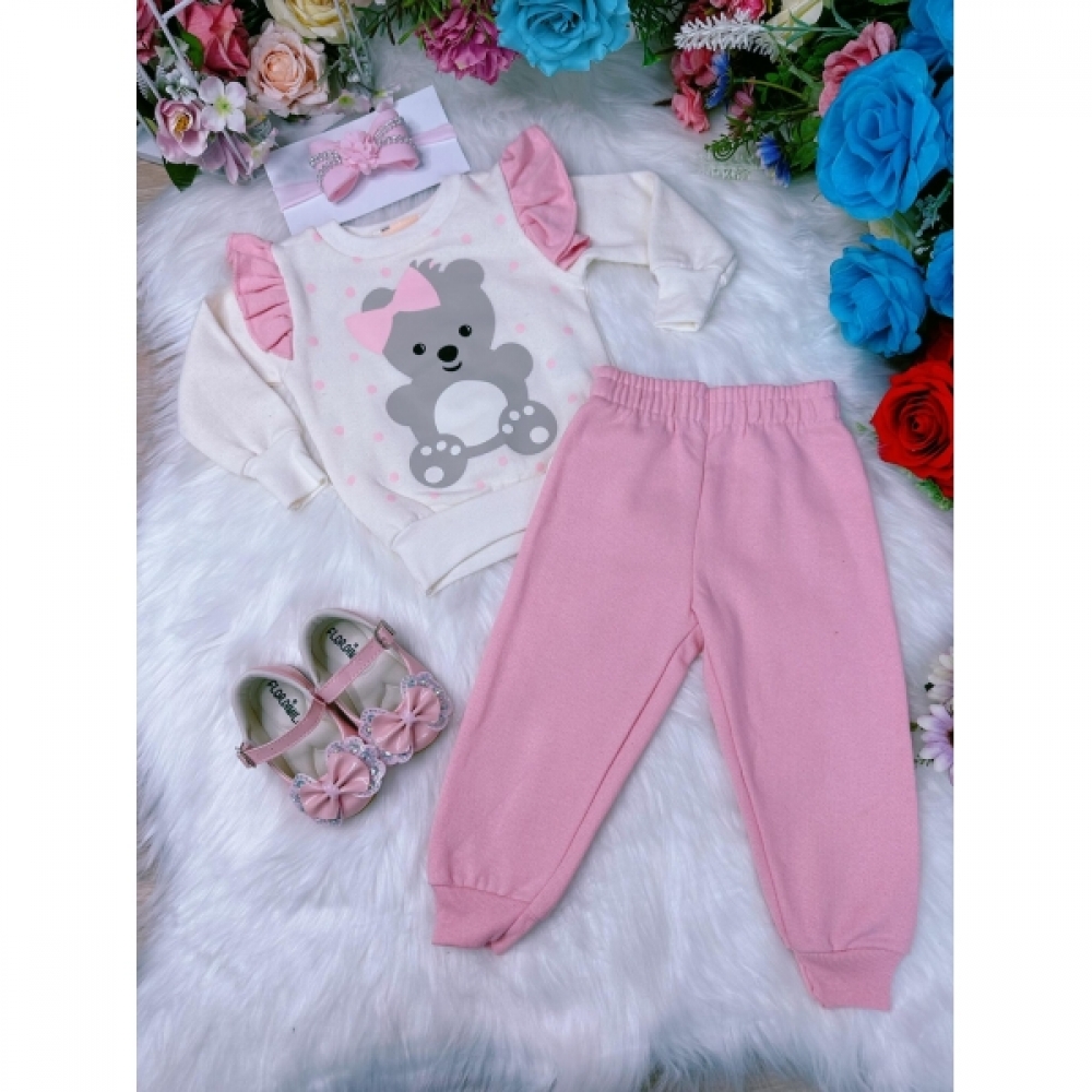 Conjunto Infantil Moletom Flanelado Off White e Rosa Ursinho