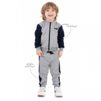 Conjunto de Moletom Jaqueta e Calça Cinza C/ Azul Marinho