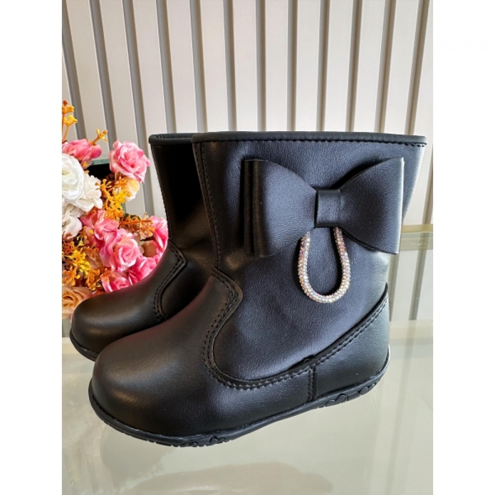 Botinha Infantil Preto Fosco Com Lacinho Strass e Zíper