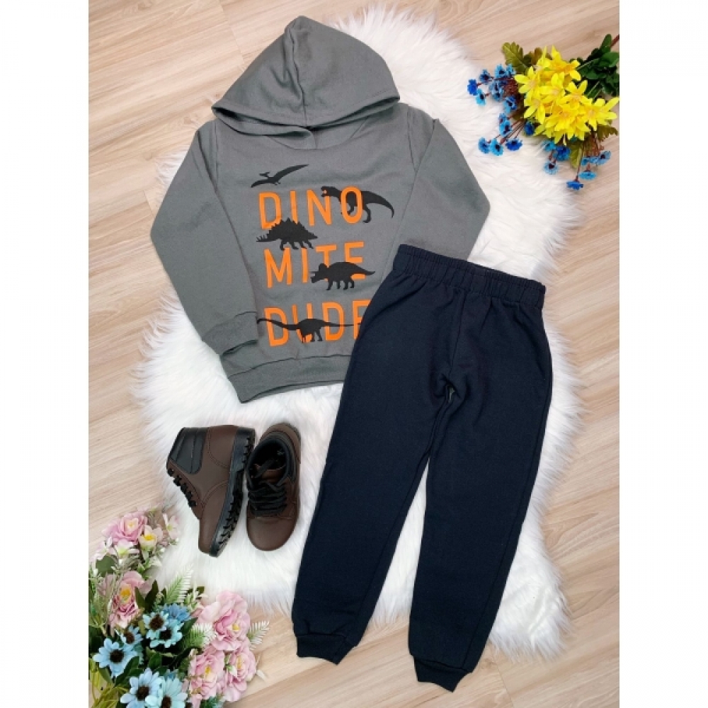 Conjunto de Moletom Blusa C/ Capuz Cinza Chumbo Calça Preto