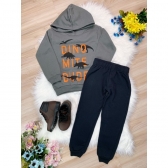 Conjunto de Moletom Blusa C/ Capuz Cinza Chumbo Calça Preto