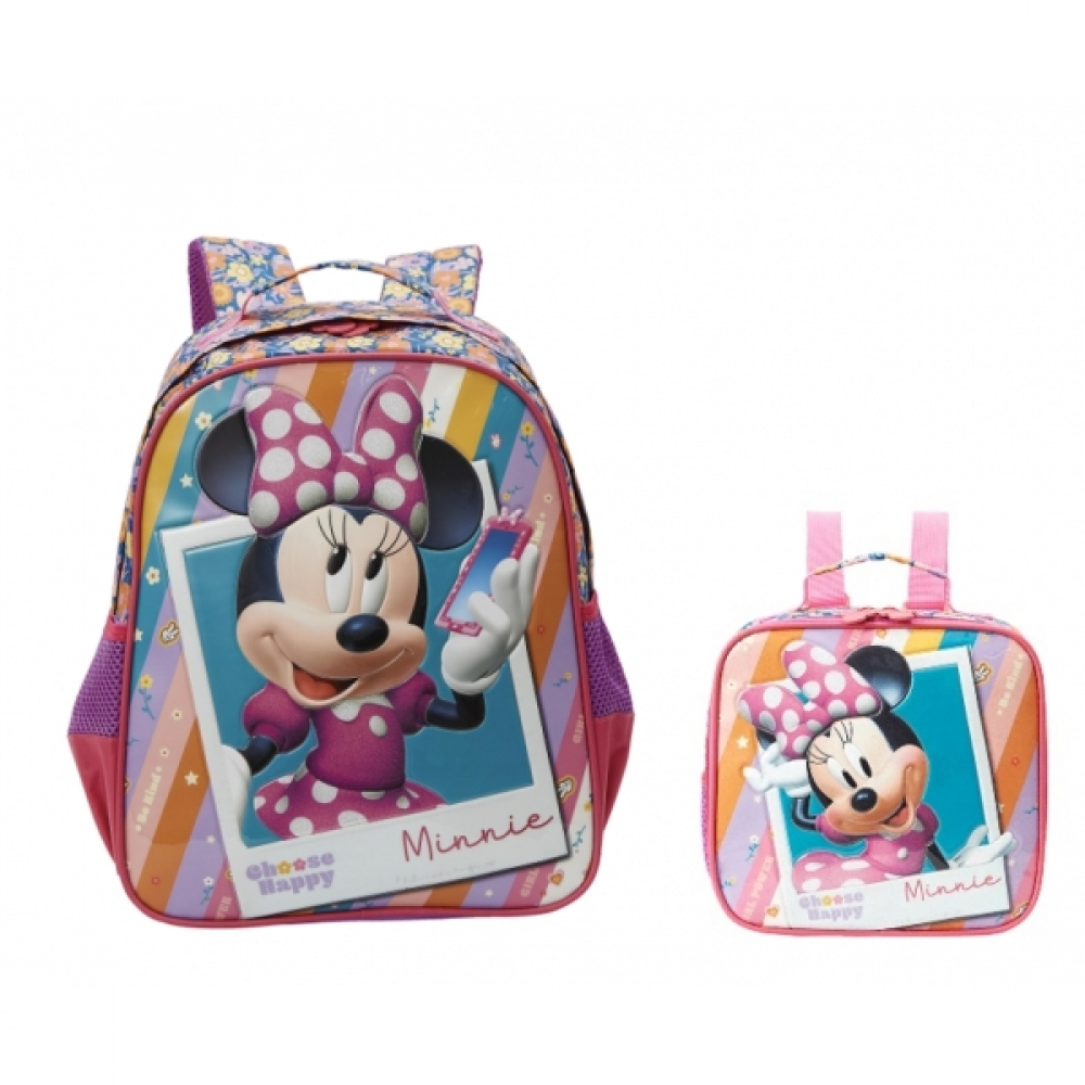Kit Mochila Escolar + Lancheira Minnie no Celular - Roxo