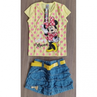 Conjunto Infantil da Minnie Blusinha Amarela Bolinhas Rosa