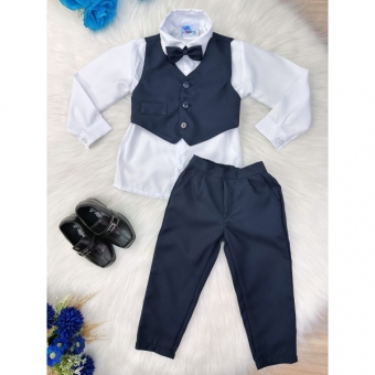 Conjunto Social Camisa Branca Colete Calça Grav. Azul Marinho