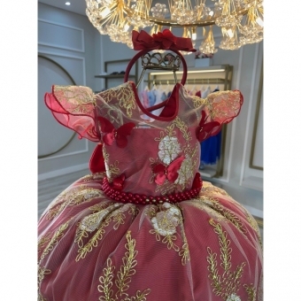 Vestido Infantil Vermelho Renda Aplique Borboletas Pérolas