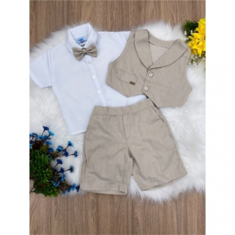 Conjunto Social Short Camisa Colete Gravata Suspensório Bege