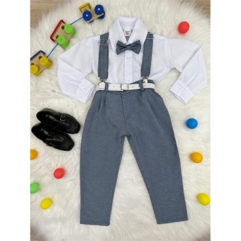Conjunto Social Camisa Branca Calça Gravata e Susp. Cinza