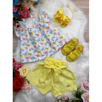Conjunto Infantil Blusa Borboletas e Short Amarelo