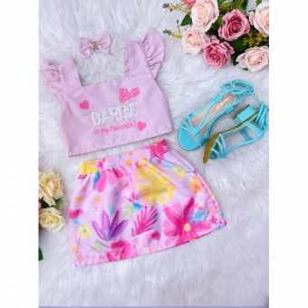 Conjunto Infantil da Barbie Rosa C/ Saia Colorido e Laço