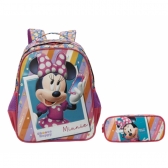 Kit Mochila Escolar + Estojo Duplo Minnie no Celular - Roxo