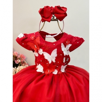 Vestido Infantil Vermelho Renda Aplique Flores Borboletas