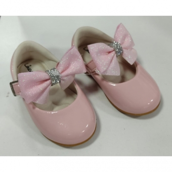 Sapatinho Rosa Veniz Com Lacinho e Strass Batizado