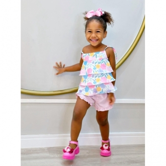 Conjunto Meninas Branco Florido C/ Short Rosa Bebê e Pulseira