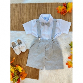 Conjunto Social Camisa Gravata Short e Suspensório Cinza