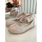 Sapatinho Nude Tiras Com Strass e Aplique de Lacinho