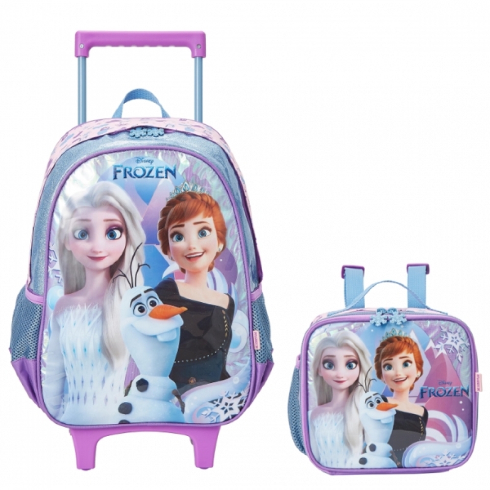 Kit Mochila de Rodinhas Escolar + Lancheira da Disney Frozen Holográfico Tam. 14 - Lilás