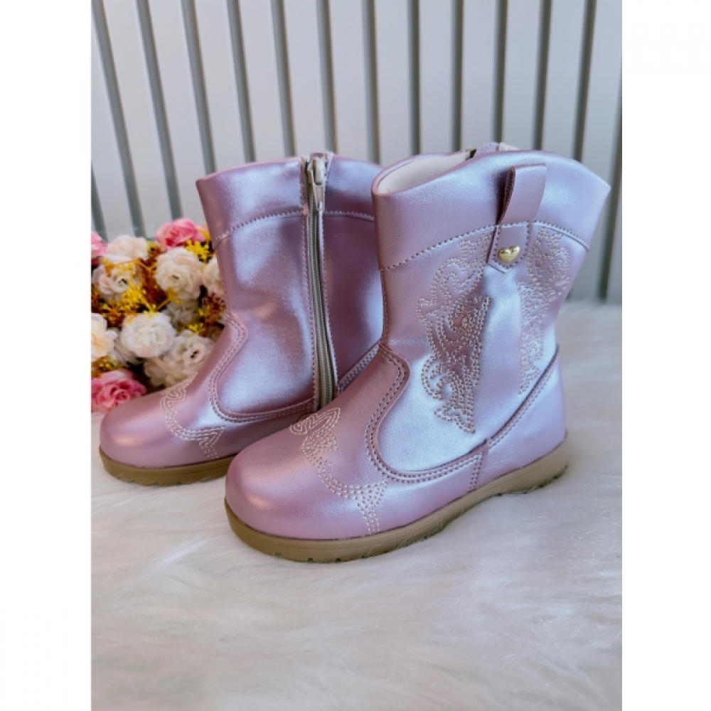 Bota infantil Boiadeira Texana Rose Metalizado Com Zíper Luxo