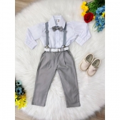 Conjunto Social Camisa Branca Susp. Calça e Gravata Cinza