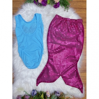 Fantasia Infantil Sereia Escamas Azul e Pink Festas