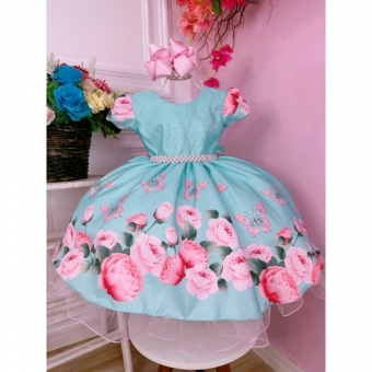 Vestido Infantil Verde Jardim das Borboletas Strass