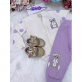 Conjunto Infantil Moletom Flanelado Off White Lilás Zíper Ursinho