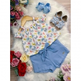 Conjunto Infantil Blusa Borboletas e Short Azul Bebê