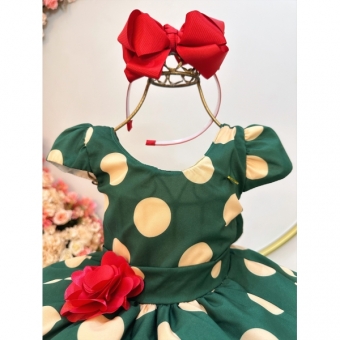 Vestido Infantil Verde Militar C/ Broche de Flor Festas