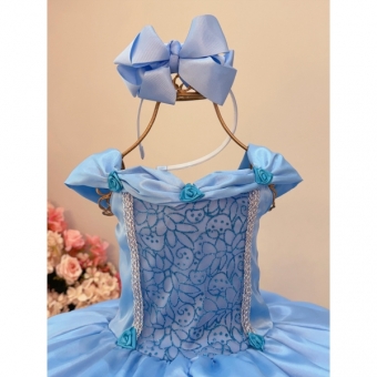 Fantasia Infantil Frozen e Cinderela C/ Renda Azul Claro