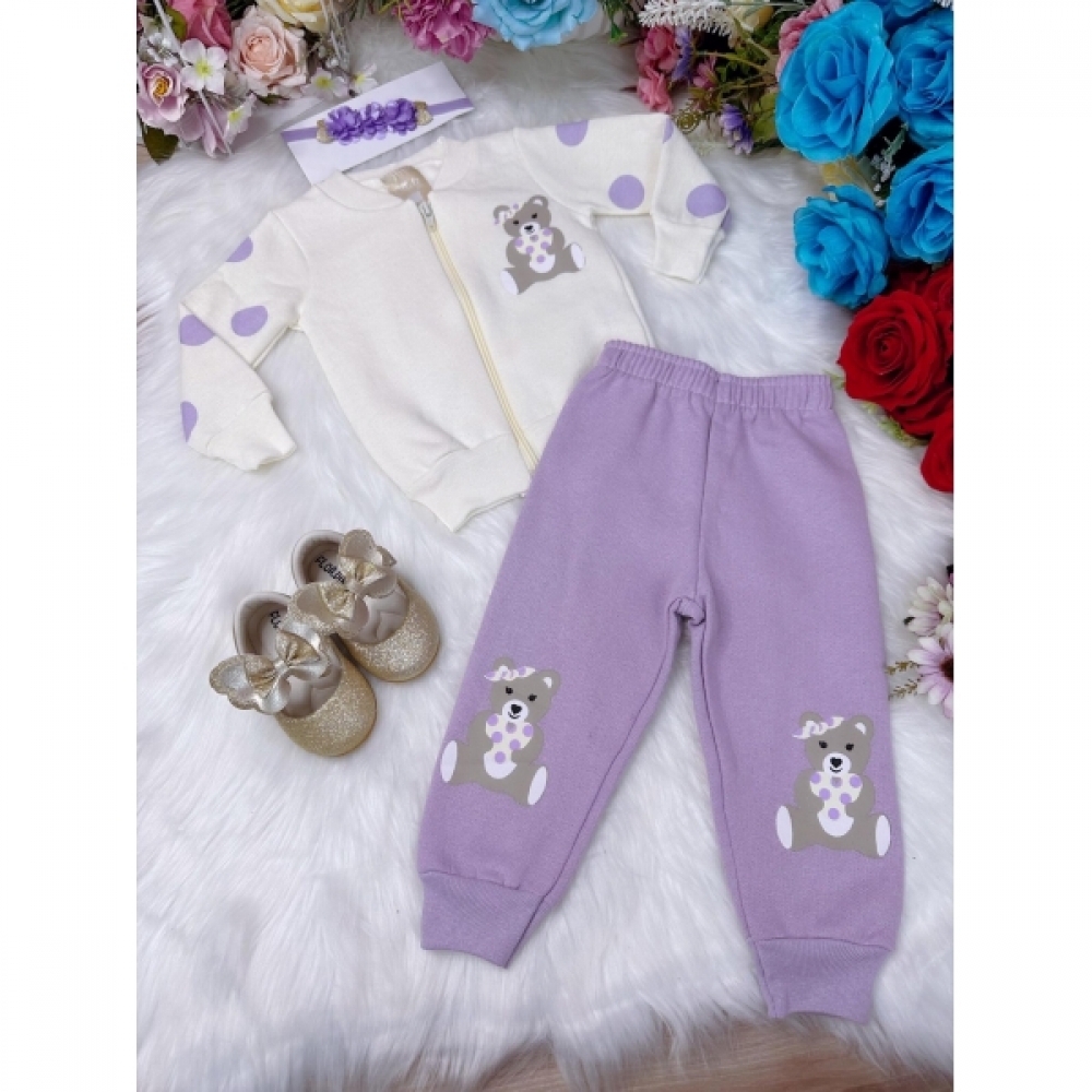 Conjunto Infantil Moletom Flanelado Off White Lilás Zíper Ursinho