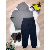Conjunto de Moletom Blusa C/ Capuz Cinza Chumbo Calça Preto