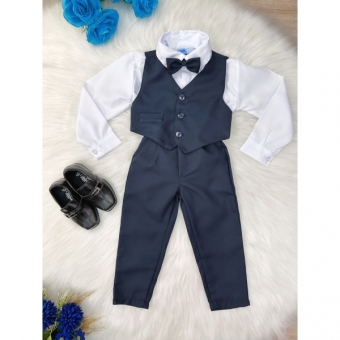 Conjunto Social Camisa Branca Colete Calça Grav. Azul Marinho