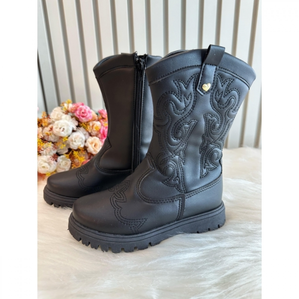 Bota infantil Boiadeira Texana Preto Com Zíper Luxo