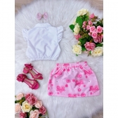 Conjunto Infantil da Barbie Branco C/ Saia Rosa e Laço